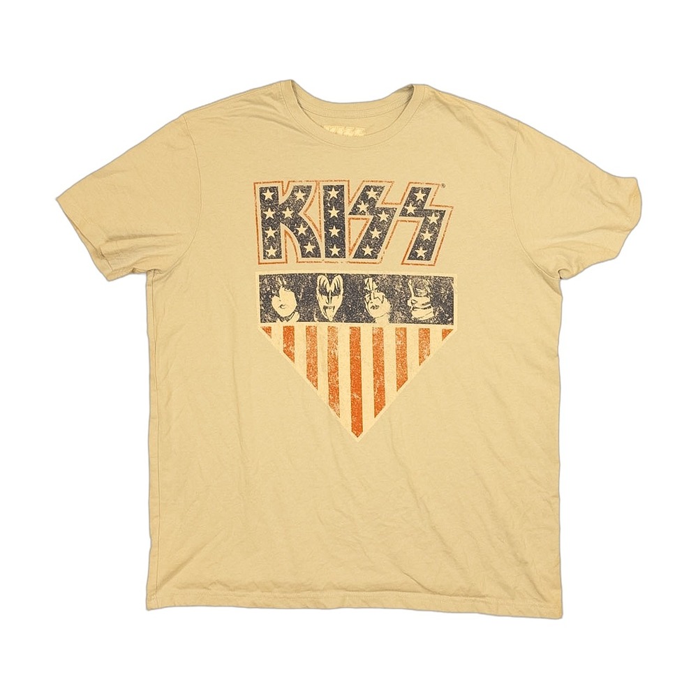 KISS Graphic T-Shirt Mens XL Tan Excellent Distressed American Flag Band Tee